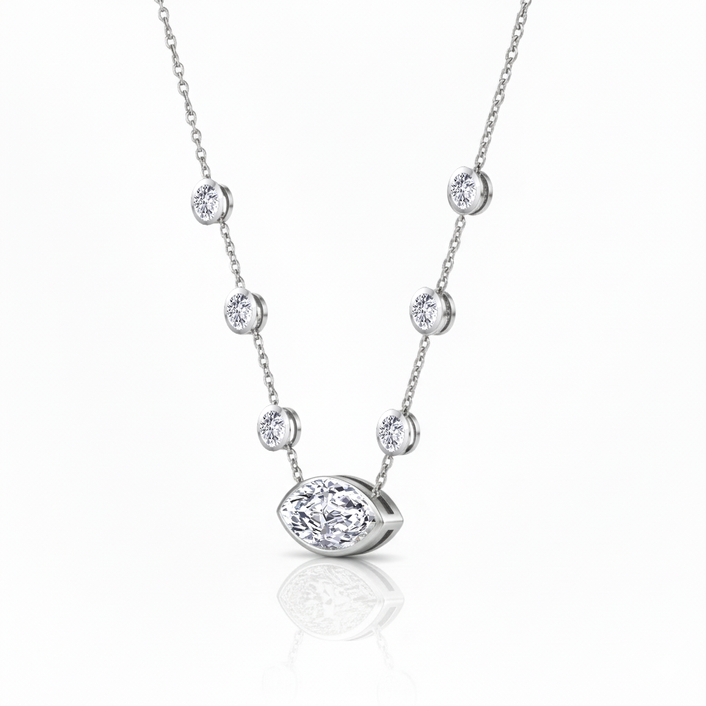 Diamond Station Necklace with Marquise Shape Center Stone