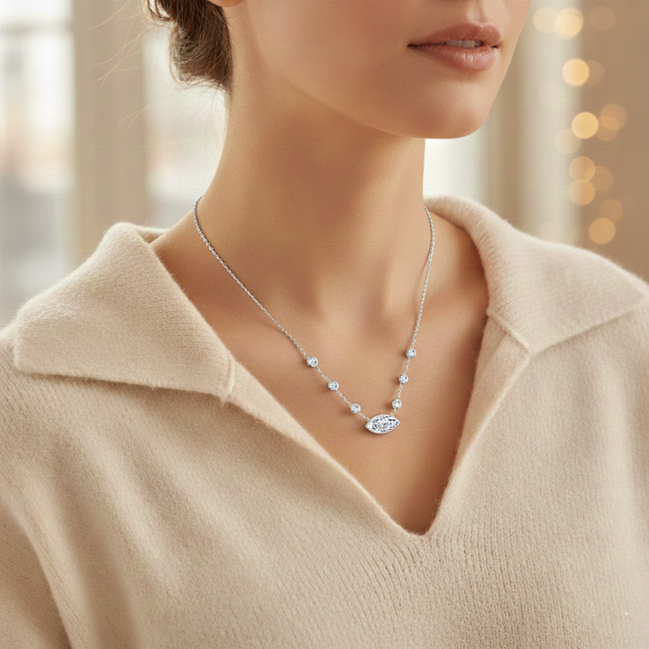 Diamond Station Necklace with Marquise Shape Center Stone