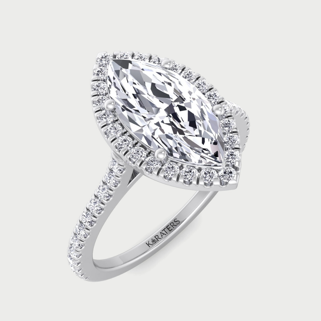 Marquise-cut lab-grown diamond engagement ring with halo and side stones