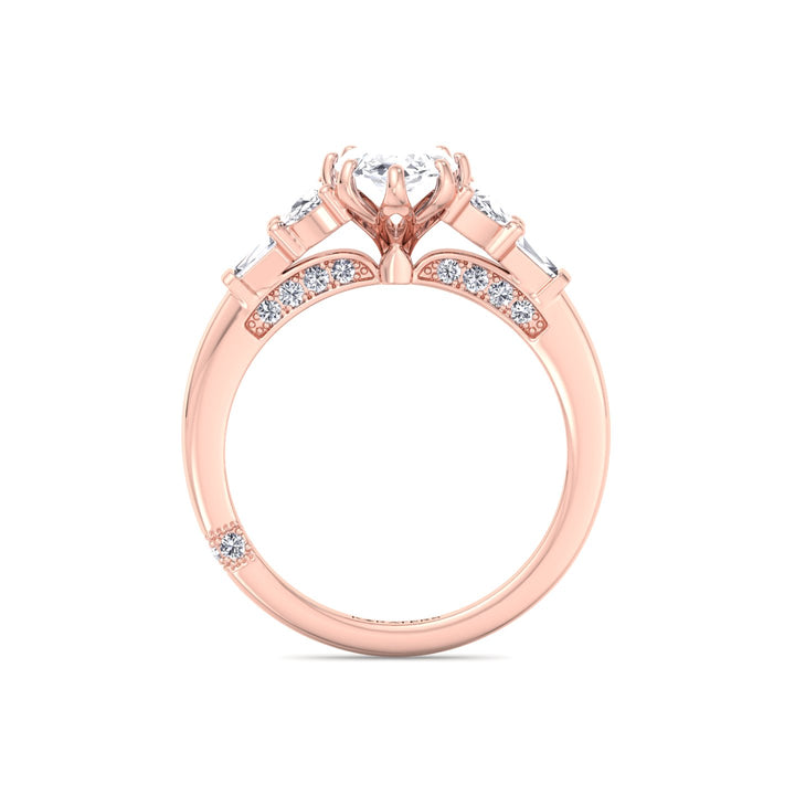 Marquise Lab Diamond Engagement Ring Half Moon & Baguette Sidestones, Rose Gold