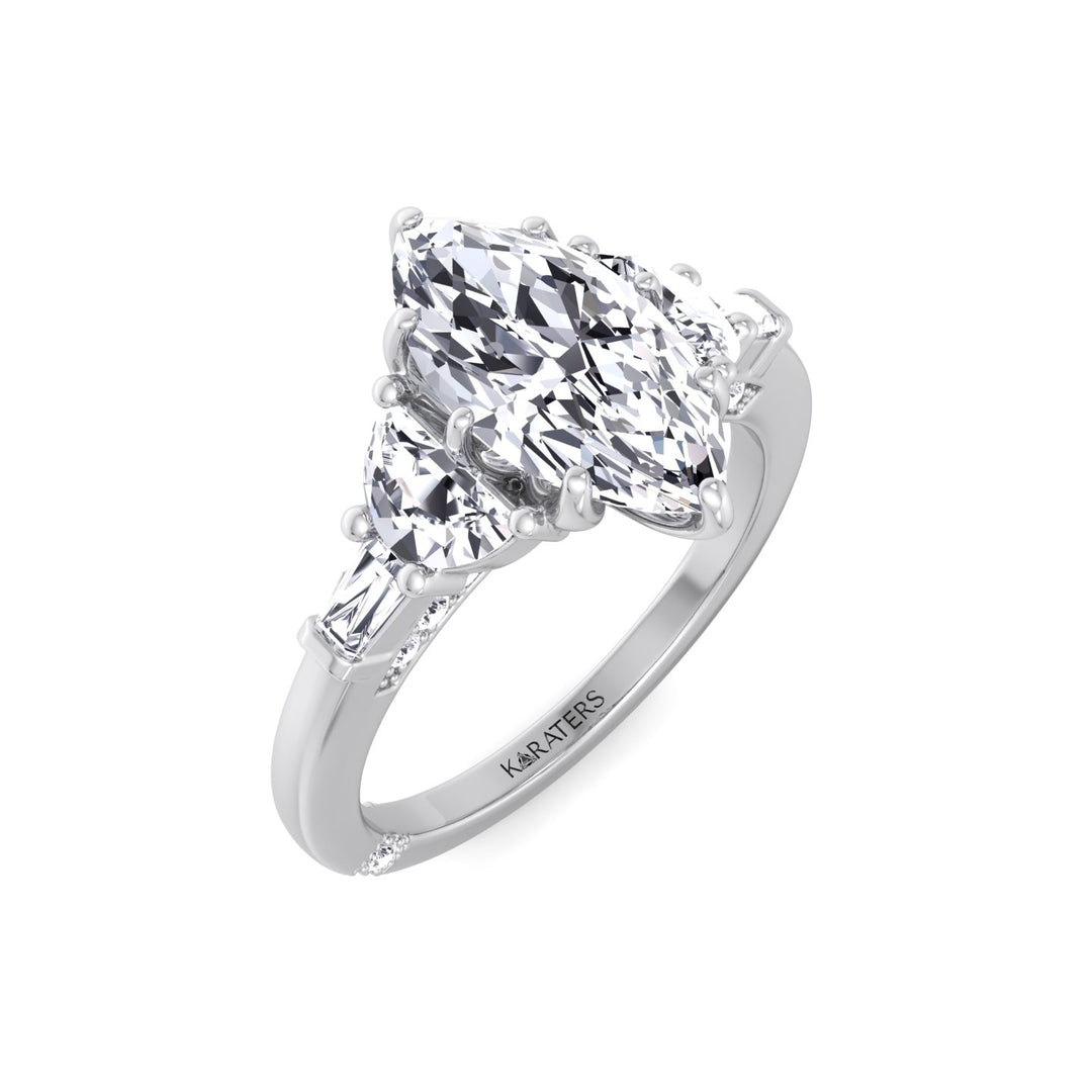 Marquise Lab Diamond Engagement Ring Half Moon & Baguette Sidestones, White Gold