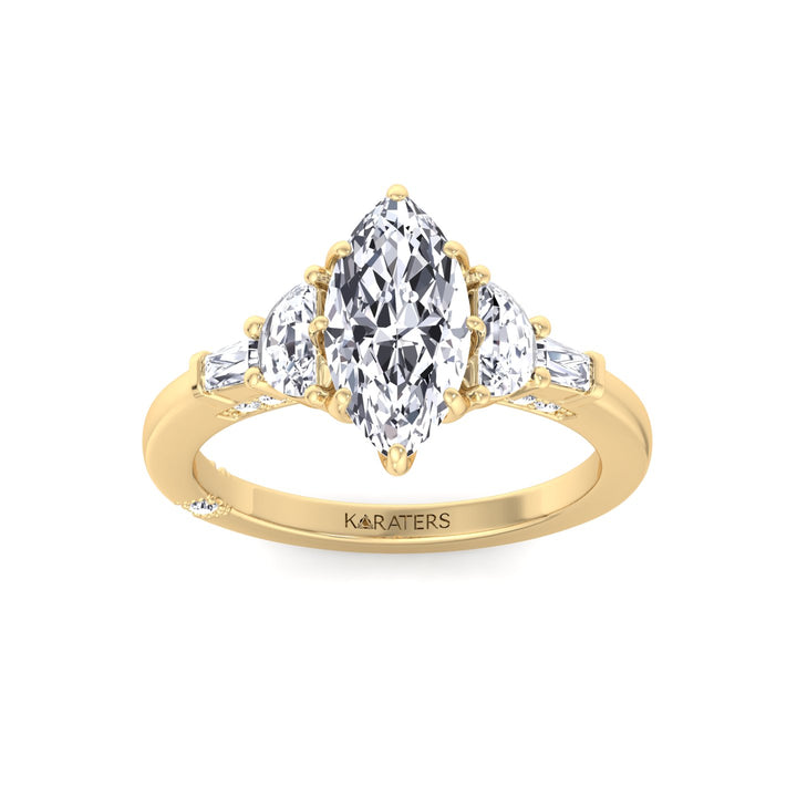 Marquise Lab Diamond Engagement Ring Half Moon & Baguette Sidestones, Yellow Gold