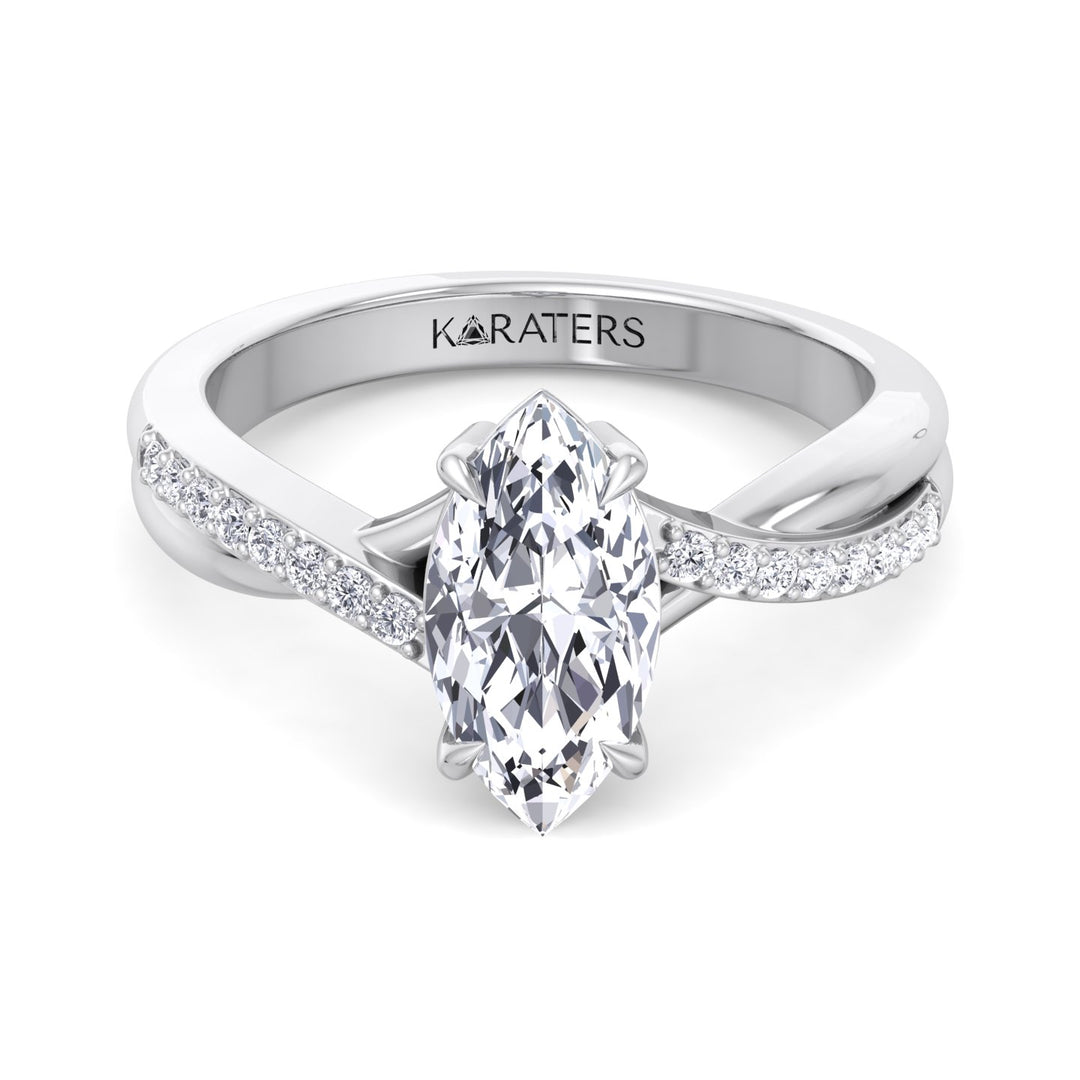 Marquise Lab Diamond Engagement Ring With Twist Pave Band, Front