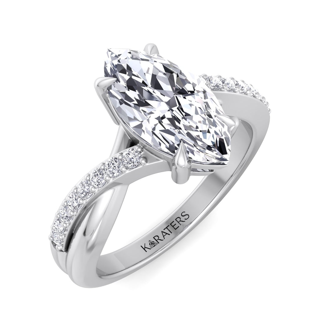 Marquise Lab Diamond Engagement Ring With Twist Pave Band, White, Top Down