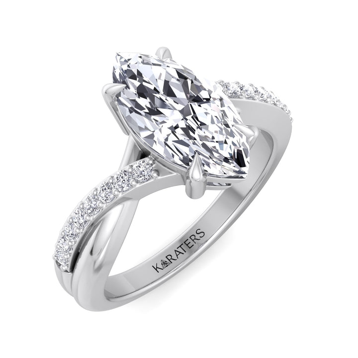 Marquise Lab Diamond Engagement Ring With Twist Pave Band, White, Top Down
