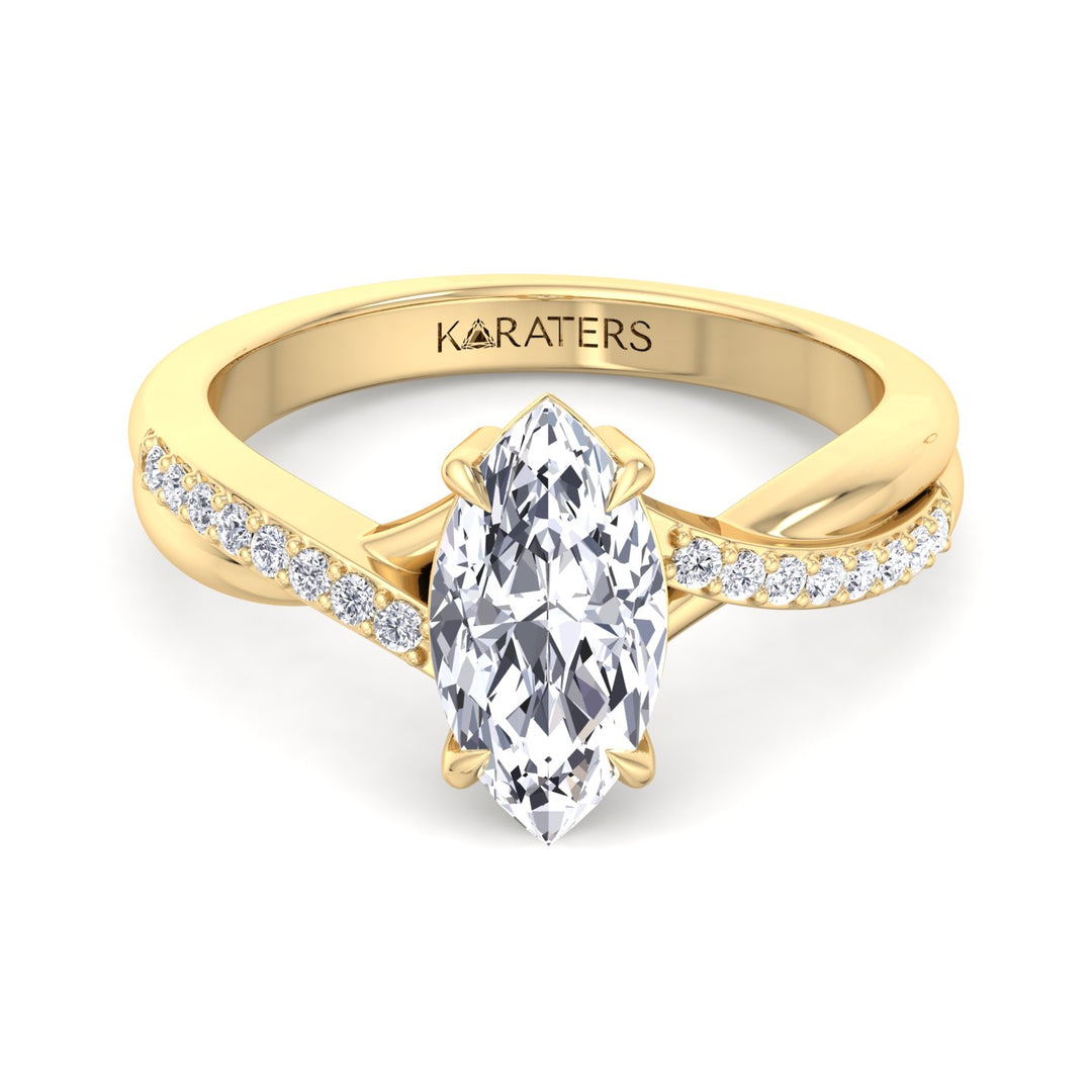 Marquise Lab Diamond Engagement Ring With Twist Pave Band, Yellow, Front