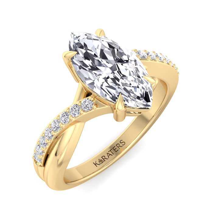 Marquise Lab Diamond Engagement Ring With Twist Pave Band, Yellow, Top Down