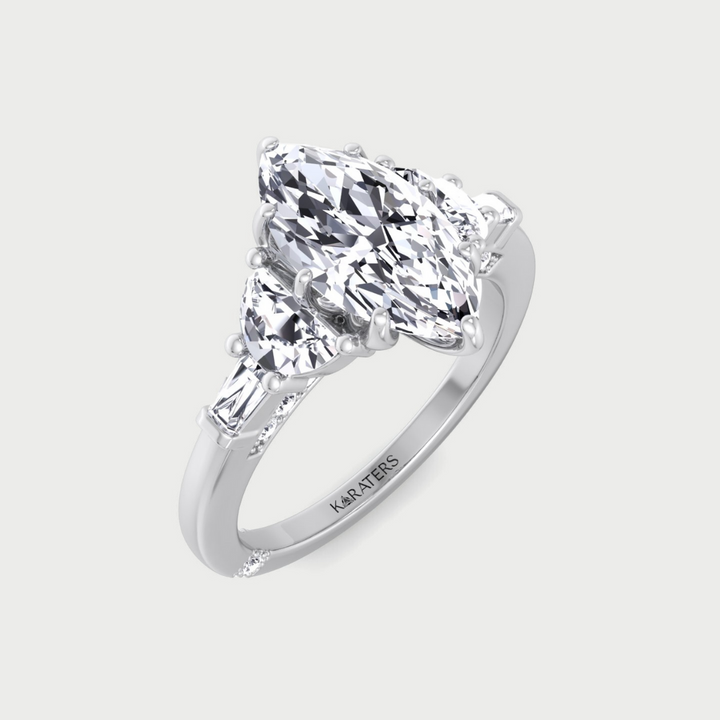 Marquise Shape Lab Grown Diamond Engagement Ring with Half Moon and Tapered Baguette Sidestones