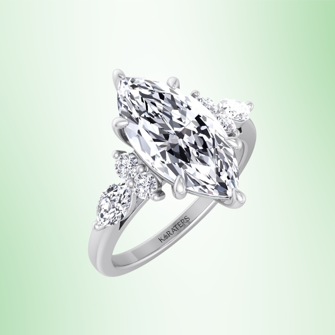 Marquise Shape Lab Grown Diamond Engagement Ring with Marquise and Round Sidestones-Platinum-1CT-2CT-3CT-4CT-5CT-6CT-7CT-8CT-9CT-10CT