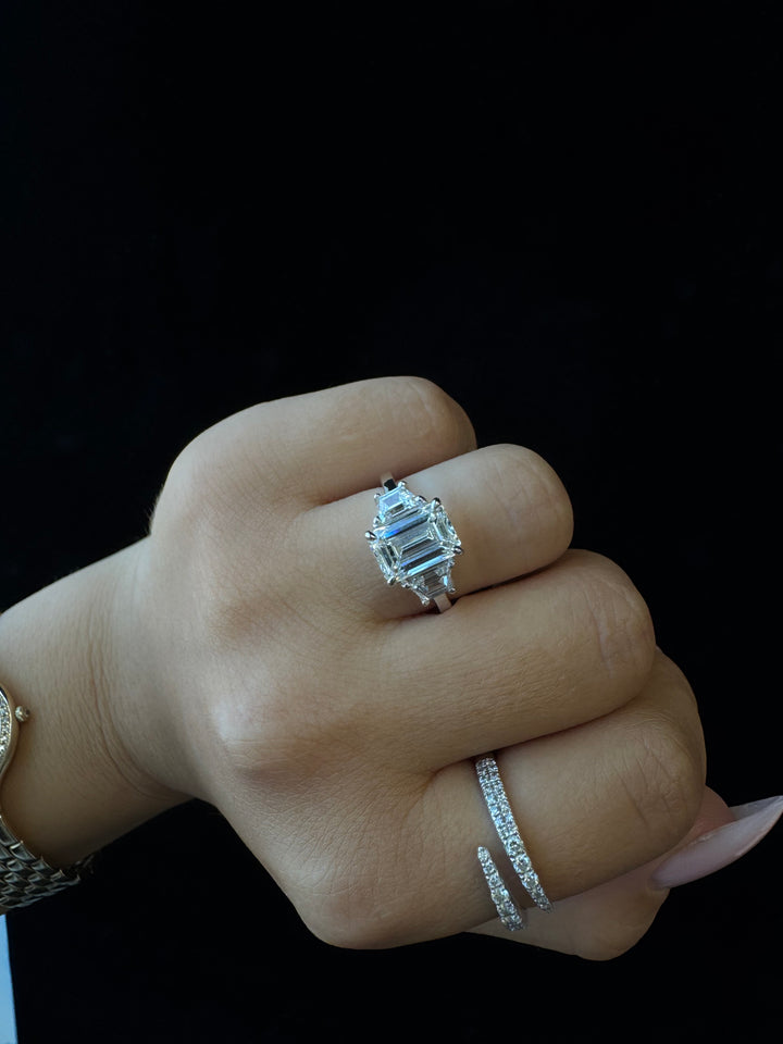 Model Wearing Three-Stone Emerald & Trapezoid Lab Diamond White Ring