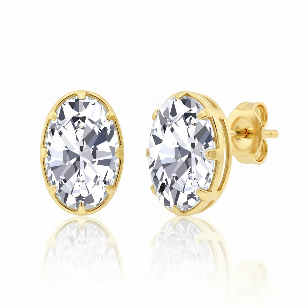 Oval Cut Bezel-Framed Prong Lab Grown Diamond Studs Yellow Gold 14K