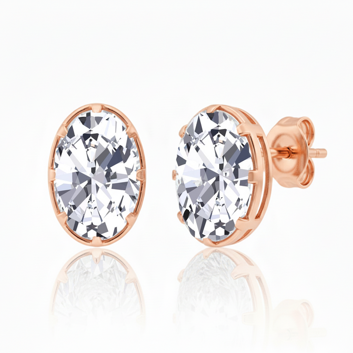 Oval Cut Bezel-Framed Prong Lab Grown Diamond Studs Rose Gold 14K