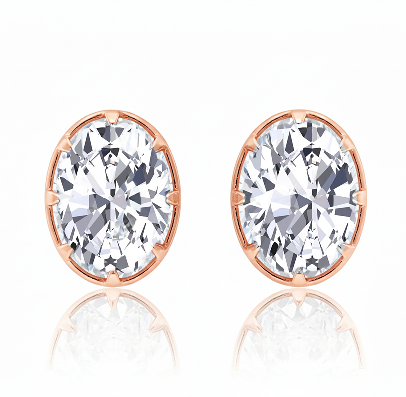 Oval Cut Bezel-Framed Prong Lab Grown Diamond Studs Rose Gold 18K