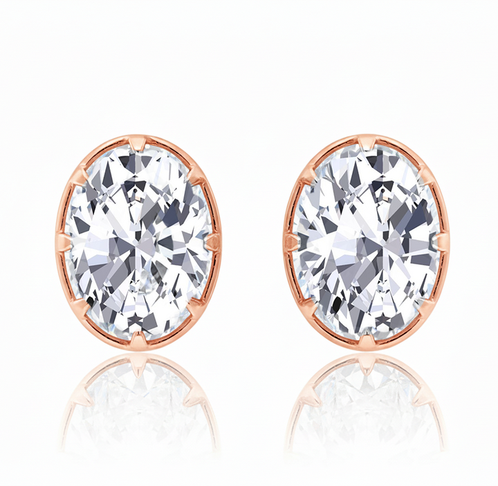 Oval Cut Bezel-Framed Prong Lab Grown Diamond Studs Rose Gold 18K