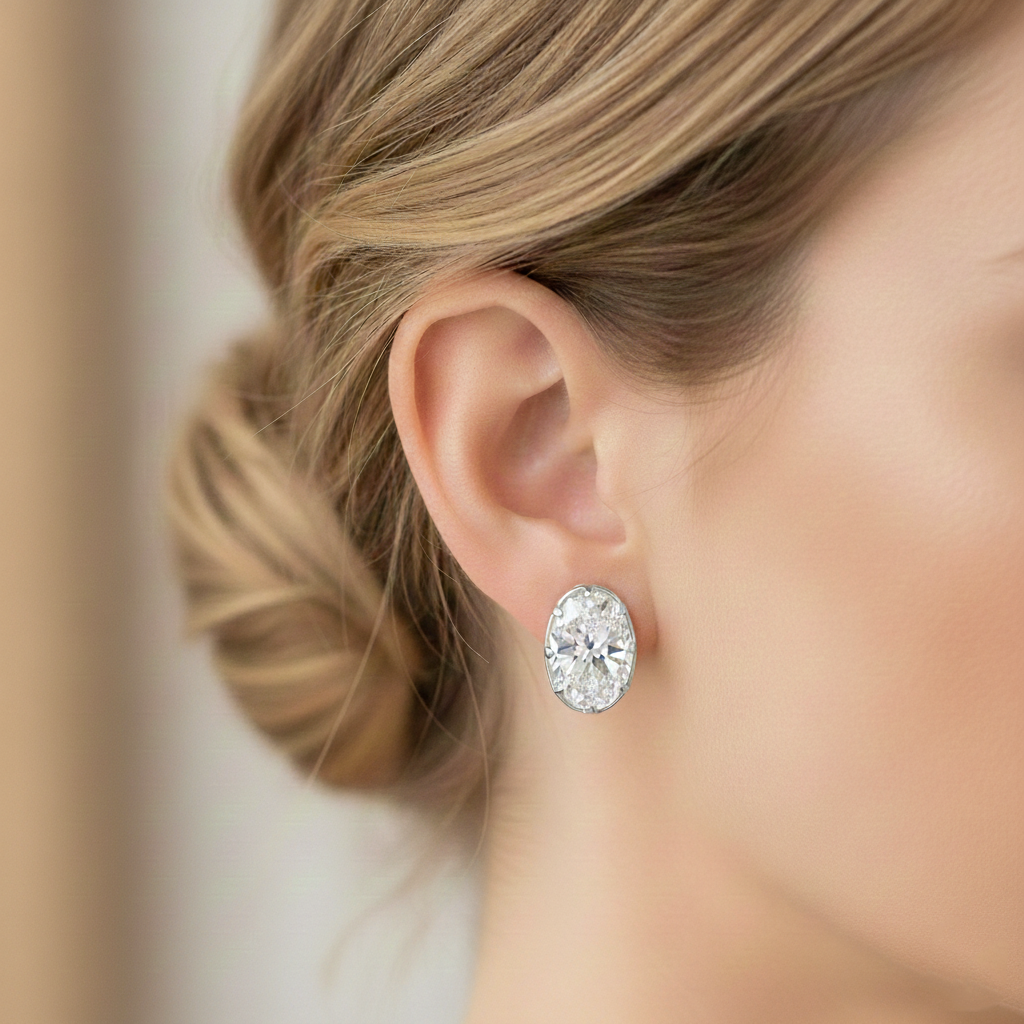 Oval Cut Bezel-Framed Prong Lab Grown Diamond Studs White Gold