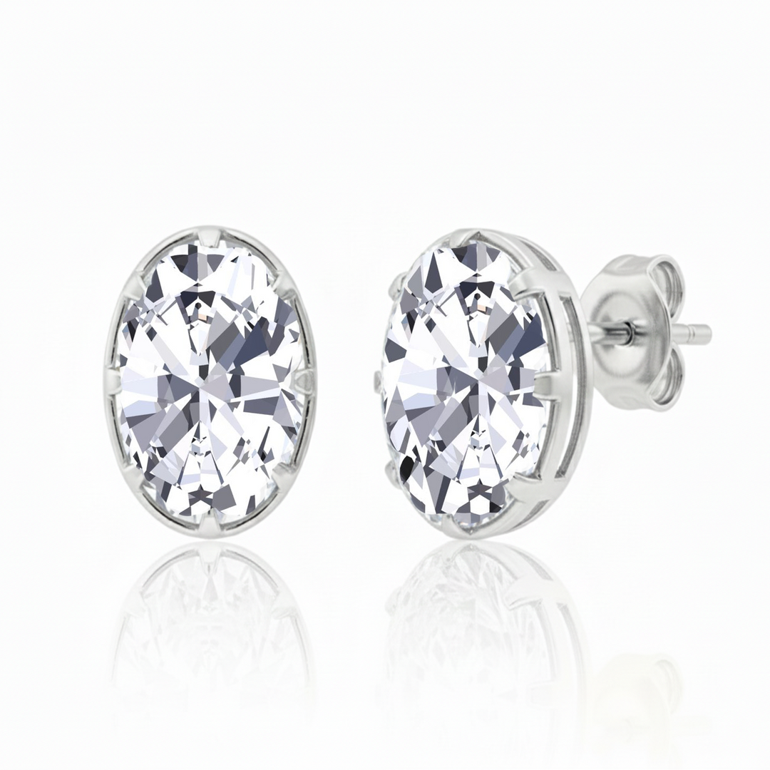 Oval Cut Bezel-Framed Prong Lab Grown Diamond Studs White Gold 14K