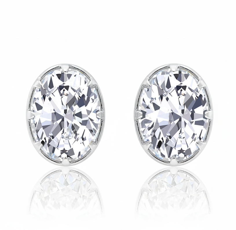 Oval Cut Bezel-Framed Prong Lab Grown Diamond Studs White Gold 18K