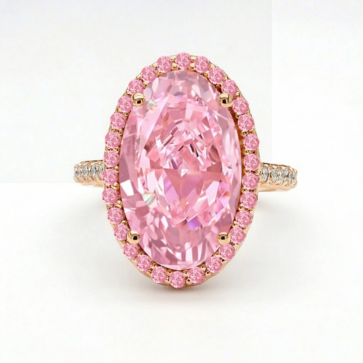 Fancy Pink Oval Two-Tone Lab Grown Diamond Halo Pave Ring RG 2