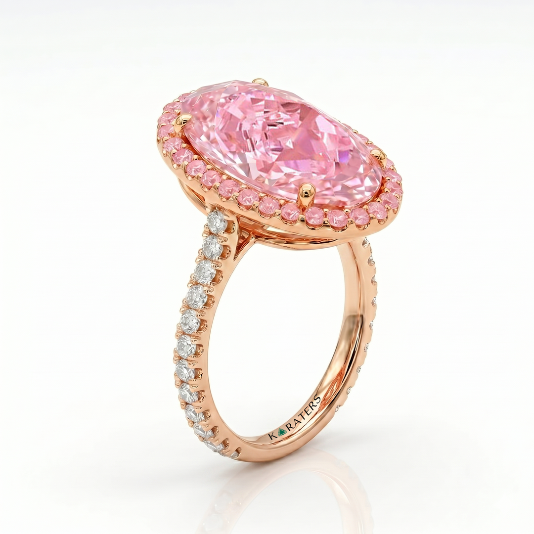 Fancy Pink Oval Two-Tone Lab Grown Diamond Halo Pave Ring RG