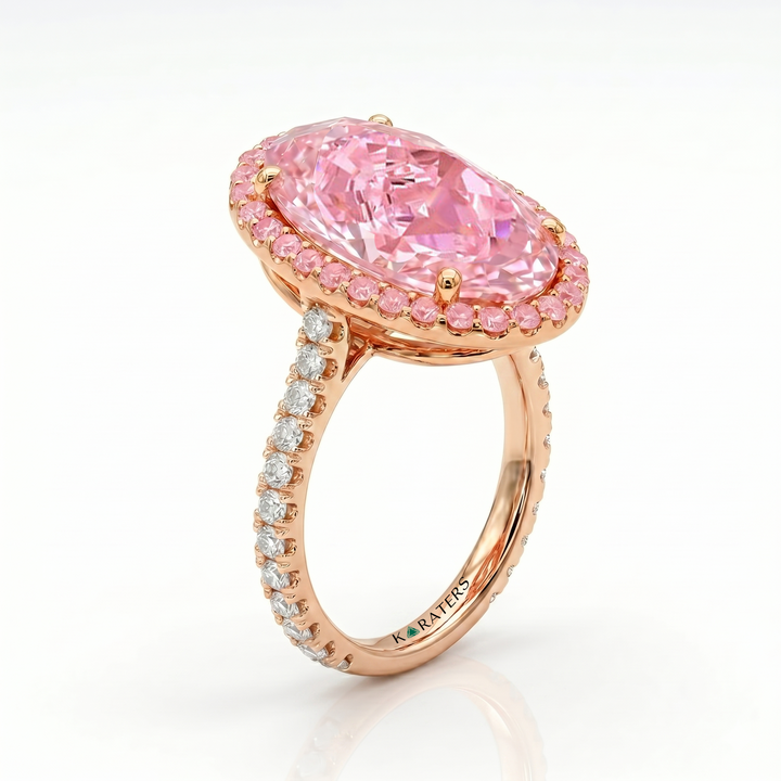 Fancy Pink Oval Two-Tone Lab Grown Diamond Halo Pave Ring RG