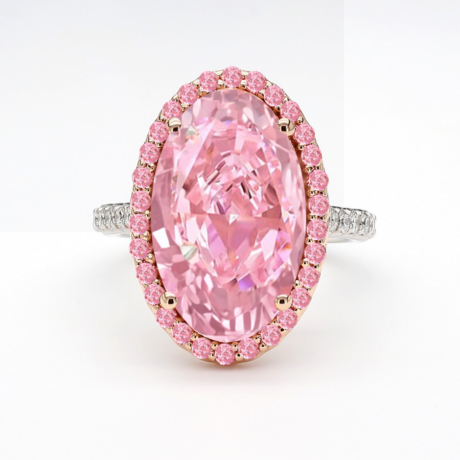 Fancy Pink Oval Two-Tone Lab Grown Diamond Halo Pave Ring WG 3
