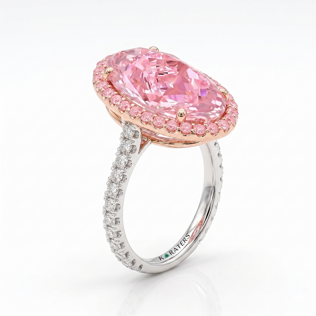 Fancy Pink Oval Two-Tone Lab Grown Diamond Halo Pave Ring WG 2
