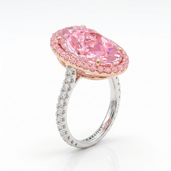 Fancy Pink Oval Two-Tone Lab Grown Diamond Halo Pave Ring WG 2