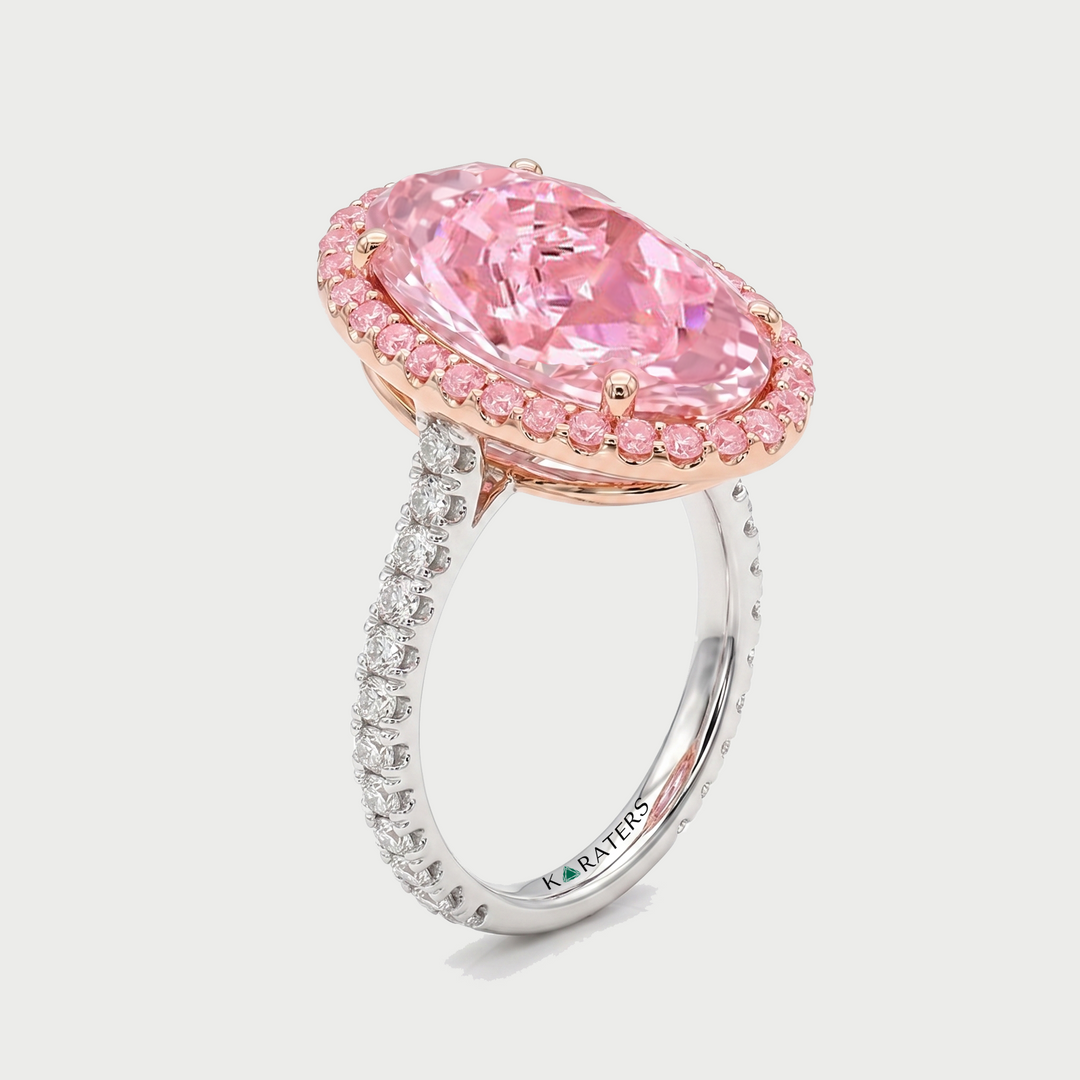 Fancy Pink Oval Two-Tone Lab Grown Diamond Halo Pave Ring WG