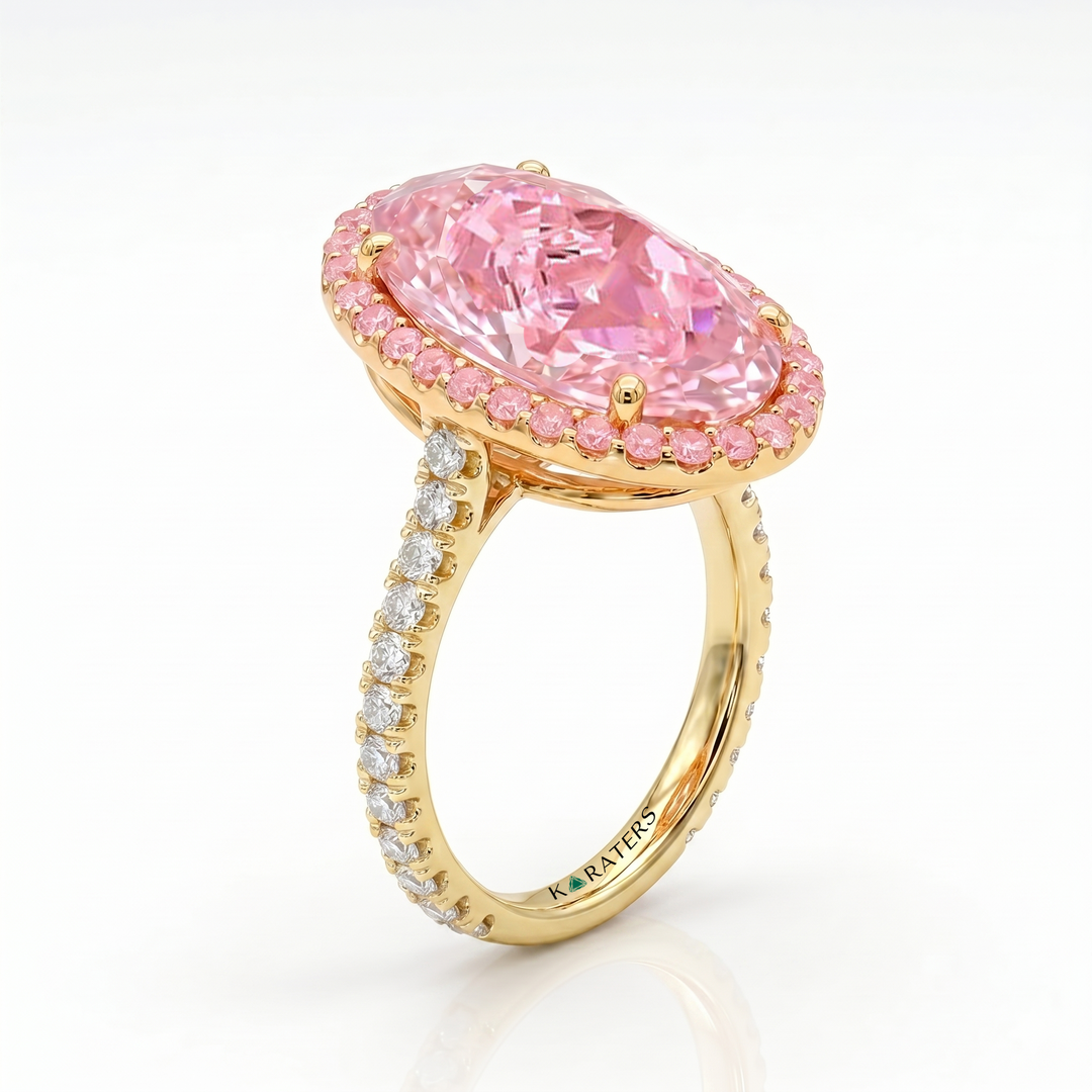 Fancy Pink Oval Two-Tone Lab Grown Diamond Halo Pave Ring YG