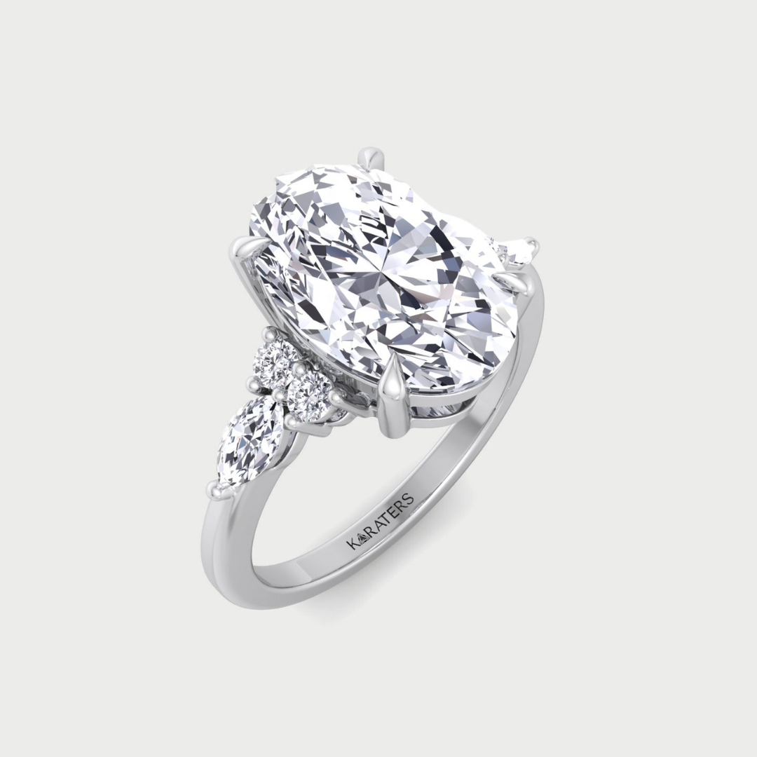 Oval Cut Lab Grown Diamond Engagement Ring with Round and Marquise Sidestones