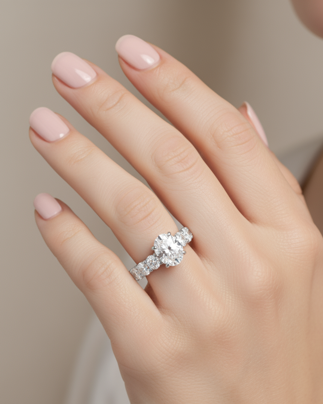 Oval Lab-Grown Diamond Engagement Ring with Oval Cut Sidestones White