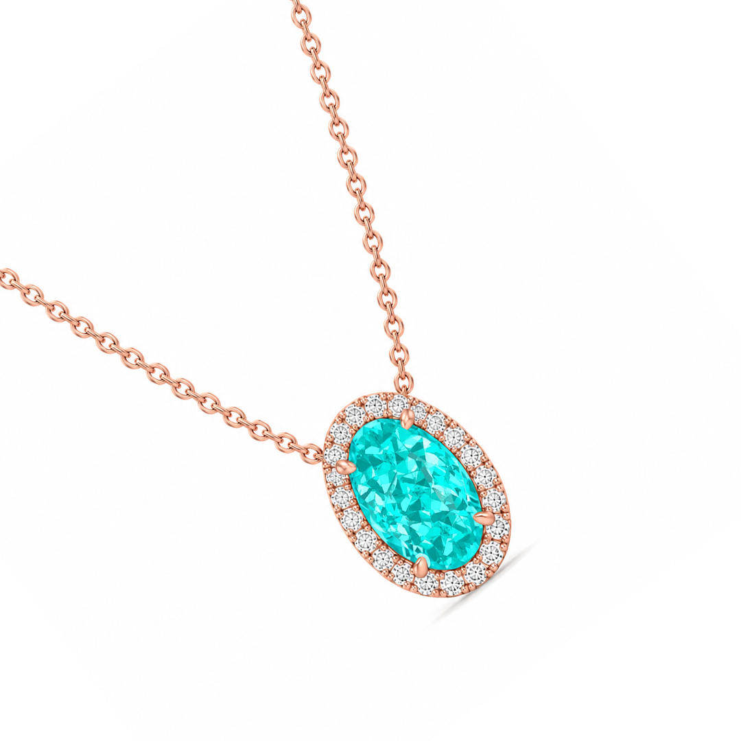 Oval Shape Halo Paraiba Tourmaline Lab Grown Diamond Pendant Rose 2