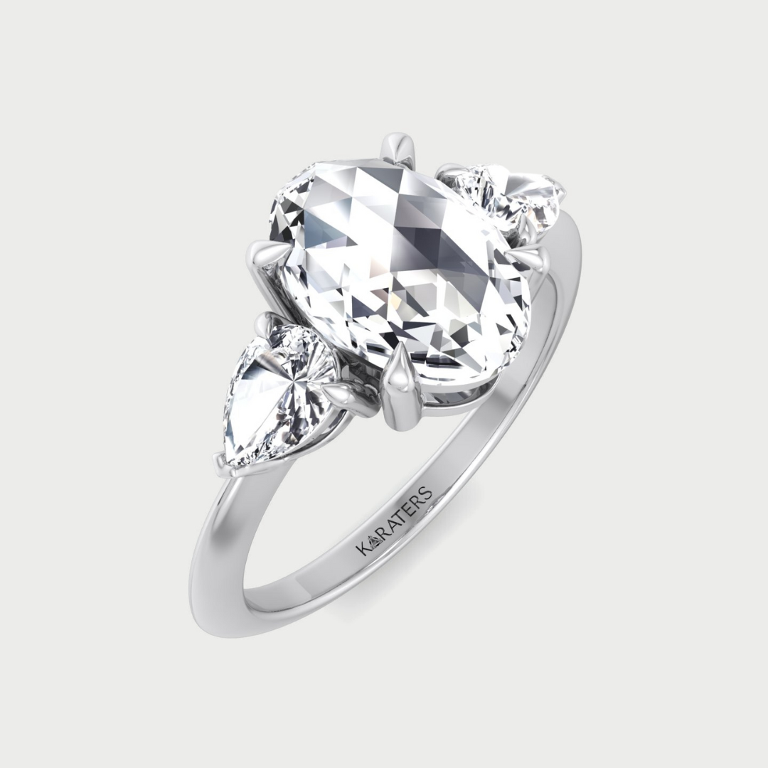 Oval Rose-Cut Lab Grown Diamond Engagement Ring with Pear Sidestones
