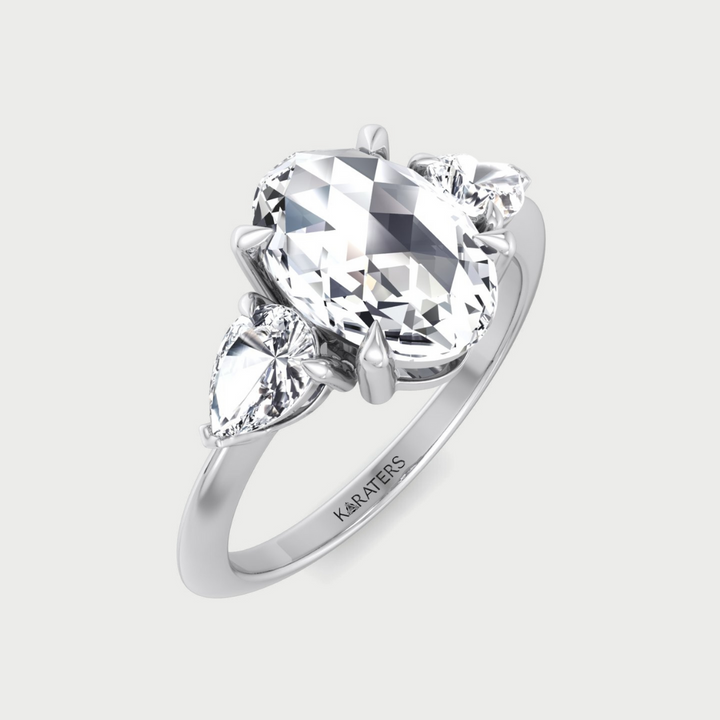 Oval Rose-Cut Lab Grown Diamond Engagement Ring with Pear Sidestones