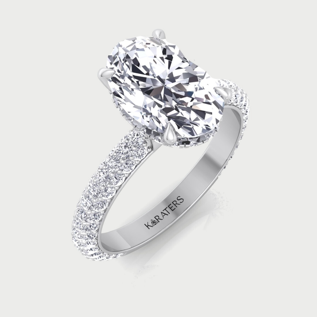 Oval Shape Lab-Grown Diamond Invisible Halo Engagement Ring with Three Row Pave Band