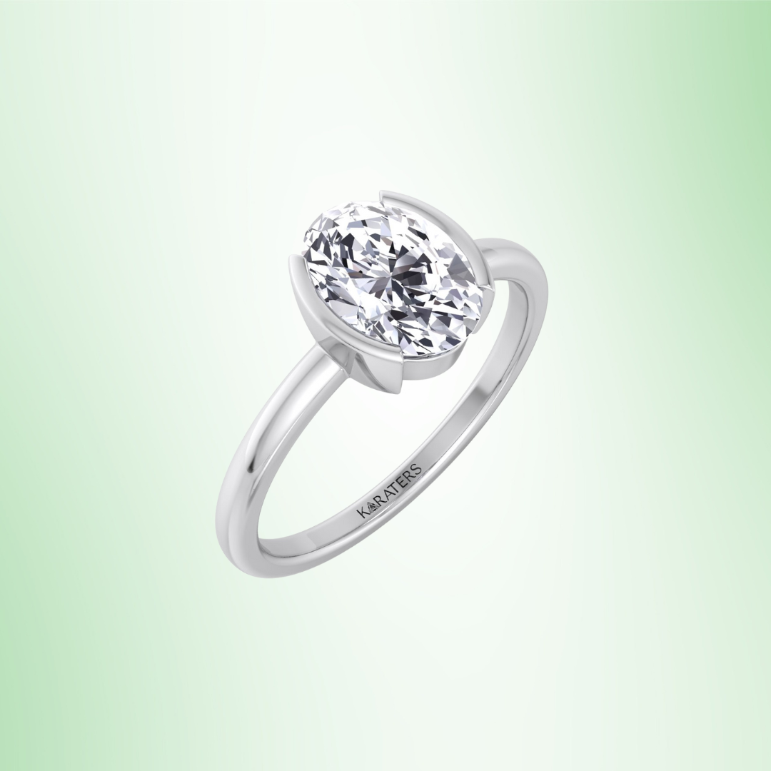Half Bezel Oval Shape Lab-Grown Diamond Engagement Ring-14K-18K-Platinum-1CT-2CT-3CT-4CT-5CT-6CT-7CT-8CT-9CT-10CT