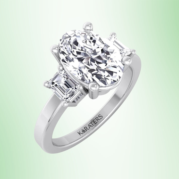 Oval Cut Lab Diamond Engagement Ring Emerald Side Stones