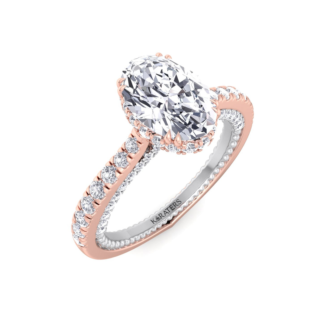 Oval Diamond Ring With Milligrain Two-Tone Pave Band Rose Gold