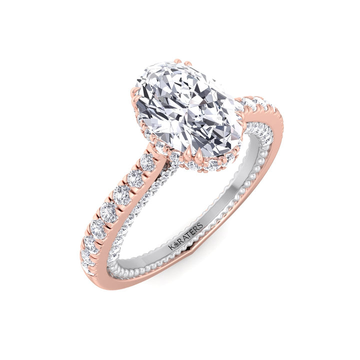 Oval Diamond Ring With Milligrain Two-Tone Pave Band Rose Gold