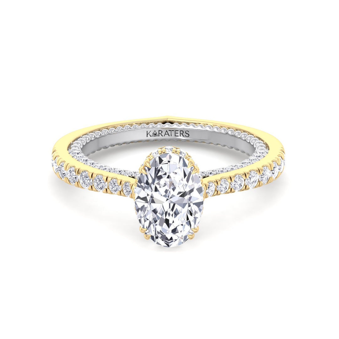 Oval Diamond Ring With Milligrain Two-Tone Pave Band Yellow Gold