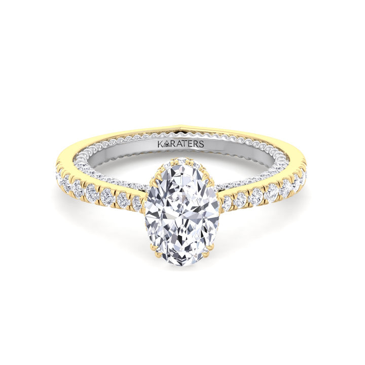 Oval Diamond Ring With Milligrain Two-Tone Pave Band Yellow Gold