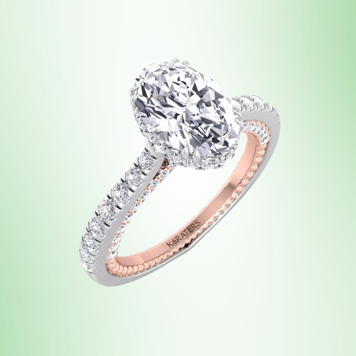 Oval Lab Diamond Engagement Ring With Milligrain Two-Tone Pave Band