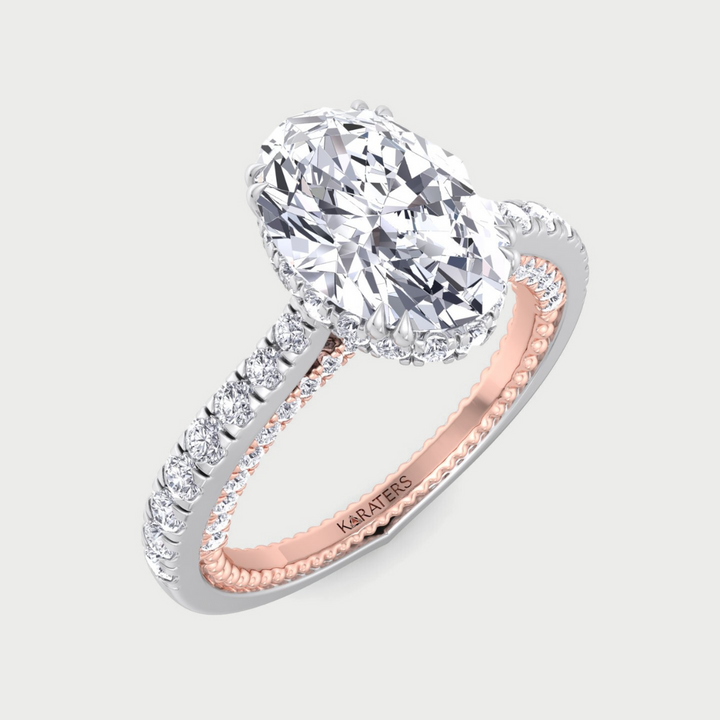 Oval Cut Lab Grown Diamond Engagement Ring With Milligrain with Two-Tone Pave Band