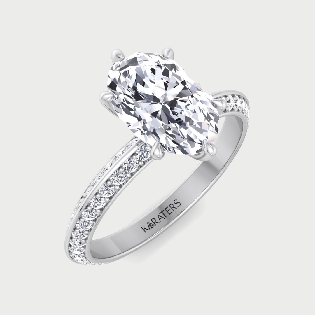 Oval Lab Diamond Engagement Ring with Double Sided Pave Band