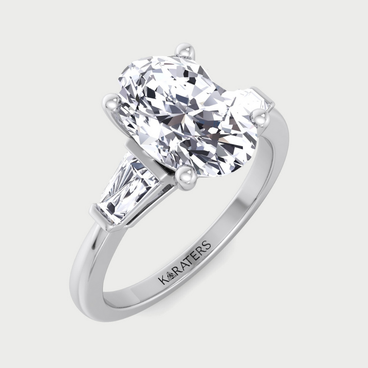 Oval Lab Diamond Engagement Ring with Tapered Baguette Side Stones