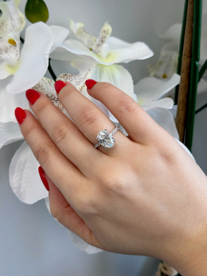 Oval Lab Diamond Invisible Halo Ring Sidestones White Gold