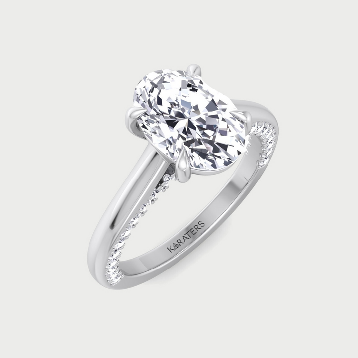 Oval Shape Lab Grown Diamond Pave Engagement Ring with Cathedral Accents