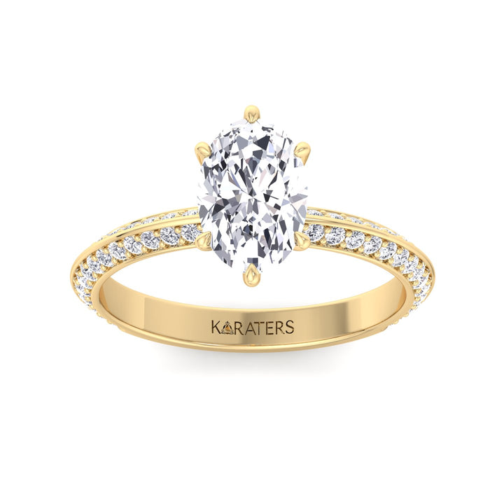 Oval Lab Diamond Ring Double Sided Pave Band Yellow Gold