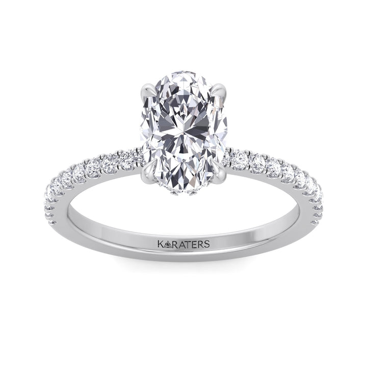 Oval Lab Diamond Ring Hidden Halo & Side Stones White Gold