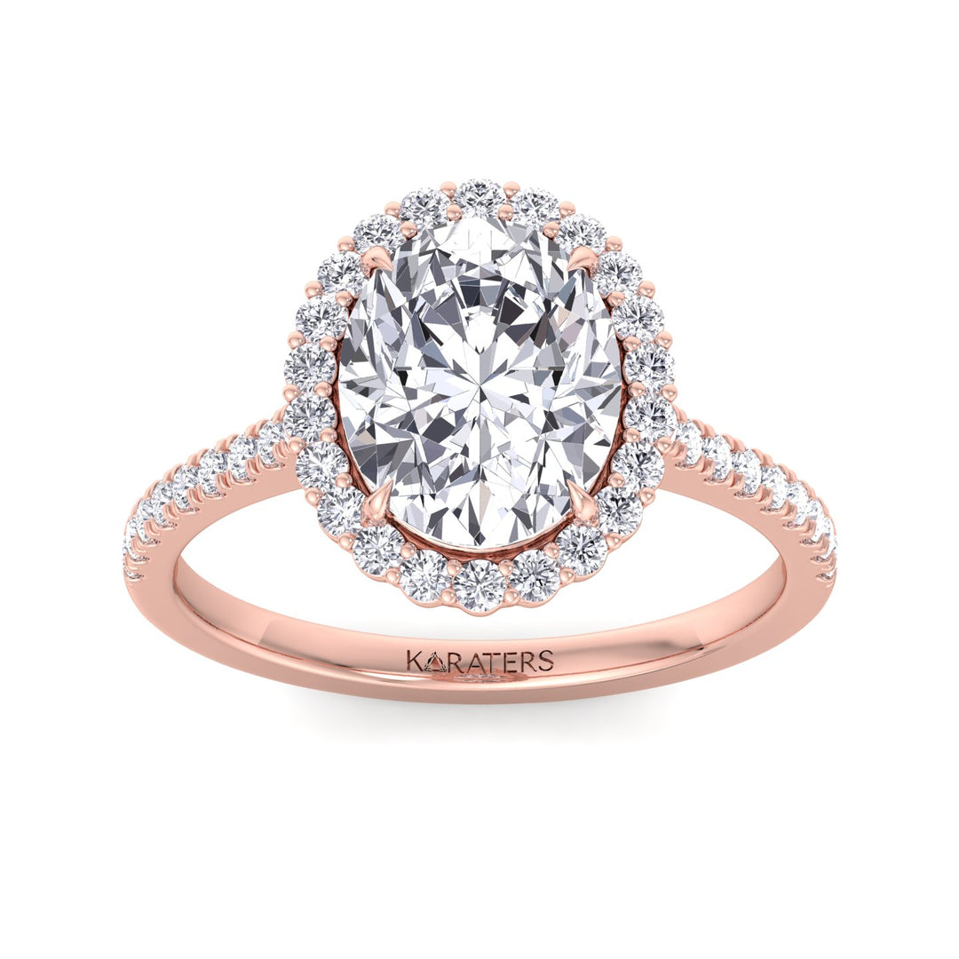 Oval Lab Diamond Ring Scalloped Halo & Pave Band Rose